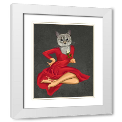 Grey Cat with White Rose White Modern Wood Framed Art Print with Double Matting by Fab Funky