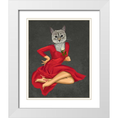 Grey Cat with White Rose White Modern Wood Framed Art Print with Double Matting by Fab Funky