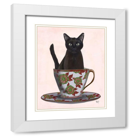 Black Cat in Teacup White Modern Wood Framed Art Print with Double Matting by Fab Funky