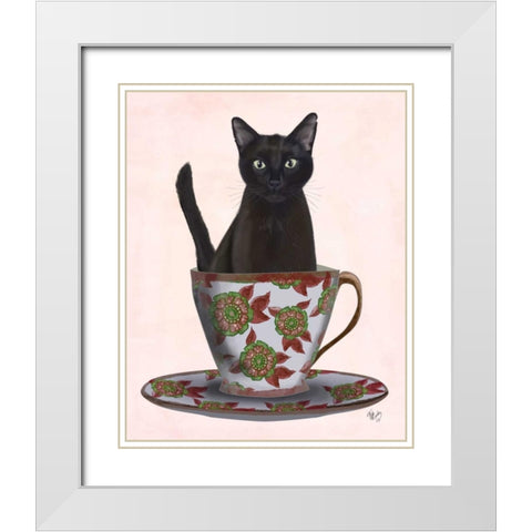 Black Cat in Teacup White Modern Wood Framed Art Print with Double Matting by Fab Funky