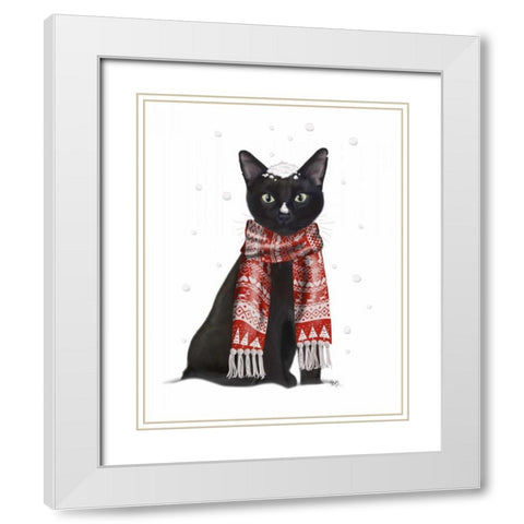 Black Cat, Red Scarf White Modern Wood Framed Art Print with Double Matting by Fab Funky