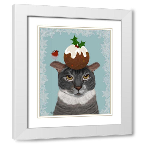Grey Cat and Christmas Pudding White Modern Wood Framed Art Print with Double Matting by Fab Funky