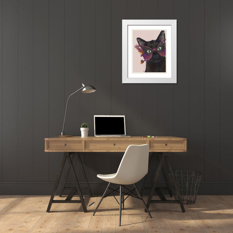 Cat and Flower Glasses White Modern Wood Framed Art Print with Double Matting by Fab Funky