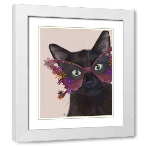 Cat and Flower Glasses White Modern Wood Framed Art Print with Double Matting by Fab Funky
