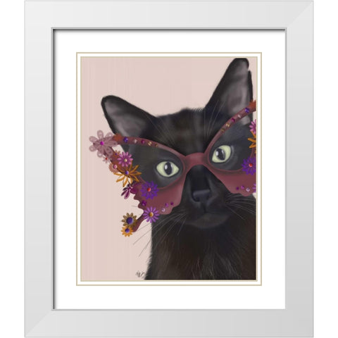 Cat and Flower Glasses White Modern Wood Framed Art Print with Double Matting by Fab Funky