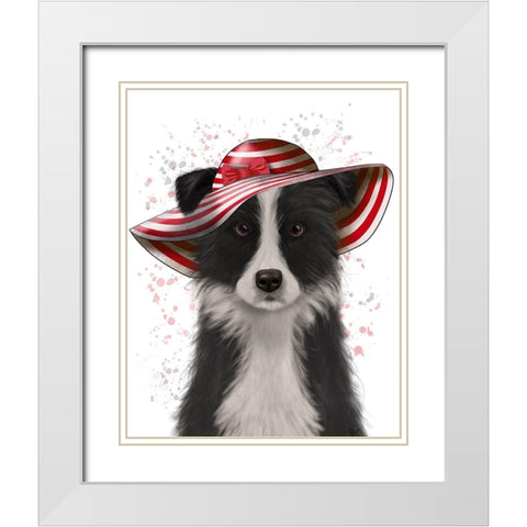 Border Collie in Red and White Floppy Hat White Modern Wood Framed Art Print with Double Matting by Fab Funky
