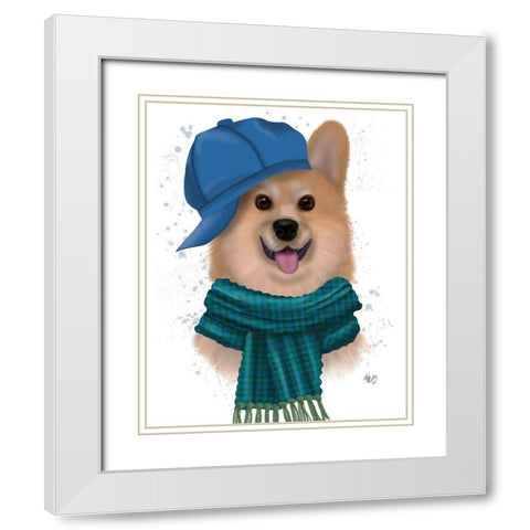 Corgi Baseball Hat and Scarf White Modern Wood Framed Art Print with Double Matting by Fab Funky