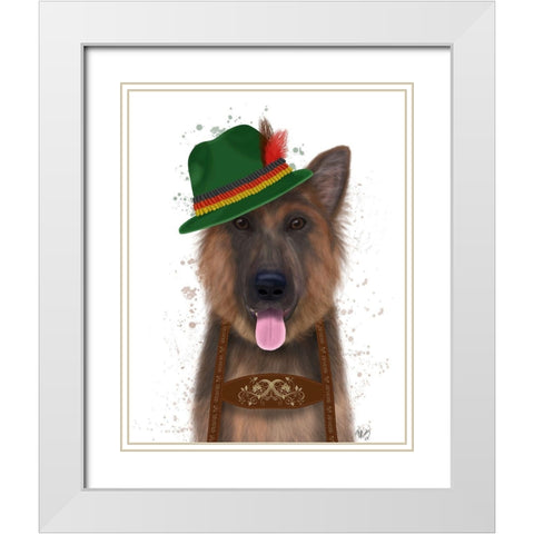 German Shepherd Lederhosen White Modern Wood Framed Art Print with Double Matting by Fab Funky