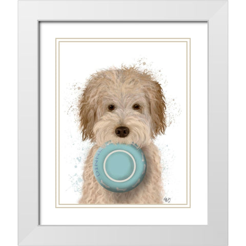 Labradoodle, Cream, Food Bowl White Modern Wood Framed Art Print with Double Matting by Fab Funky