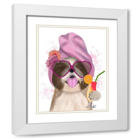 Shih Tzu with Cocktail White Modern Wood Framed Art Print with Double Matting by Fab Funky