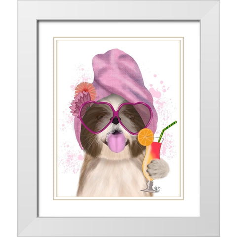 Shih Tzu with Cocktail White Modern Wood Framed Art Print with Double Matting by Fab Funky