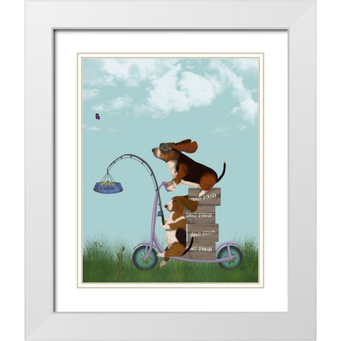 Basset Hound Scooter White Modern Wood Framed Art Print with Double Matting by Fab Funky