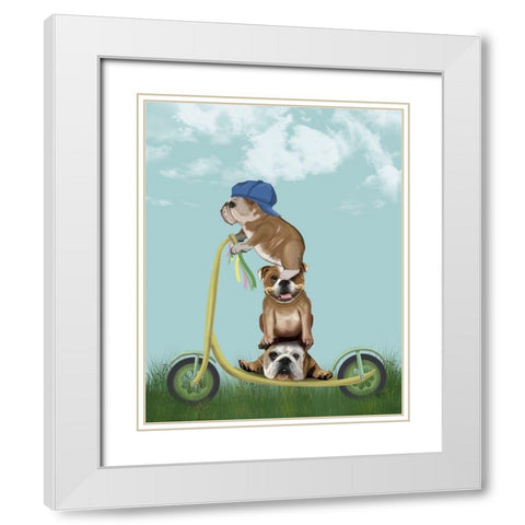 English Bulldog Scooter White Modern Wood Framed Art Print with Double Matting by Fab Funky