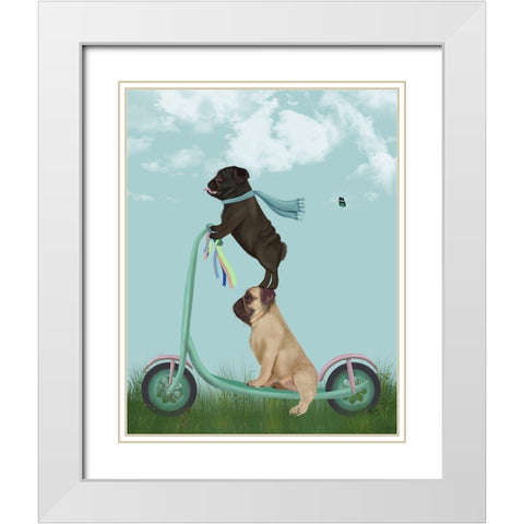 Pug Scooter White Modern Wood Framed Art Print with Double Matting by Fab Funky