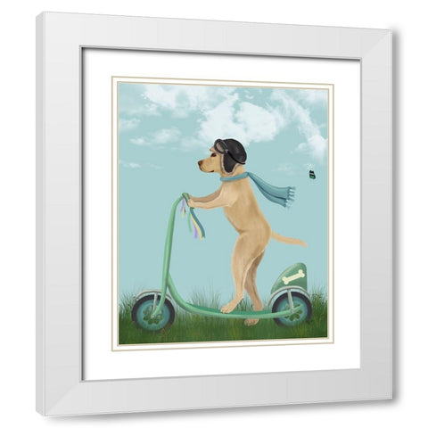 Yellow Labrador Scooter White Modern Wood Framed Art Print with Double Matting by Fab Funky