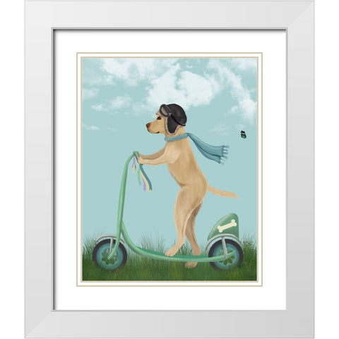 Yellow Labrador Scooter White Modern Wood Framed Art Print with Double Matting by Fab Funky