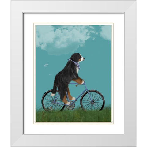 Bernese on Bicycle - Sky White Modern Wood Framed Art Print with Double Matting by Fab Funky