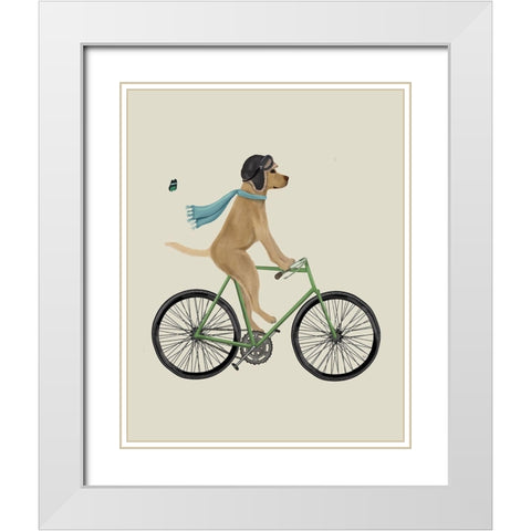 Yellow Labrador in Flying Helmet on Bicycle White Modern Wood Framed Art Print with Double Matting by Fab Funky