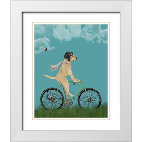 Yellow Labrador in Flying Helmet on Bicycle, Sky White Modern Wood Framed Art Print with Double Matting by Fab Funky