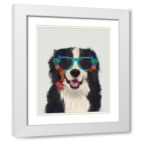 Bernese and Flower Glasses White Modern Wood Framed Art Print with Double Matting by Fab Funky