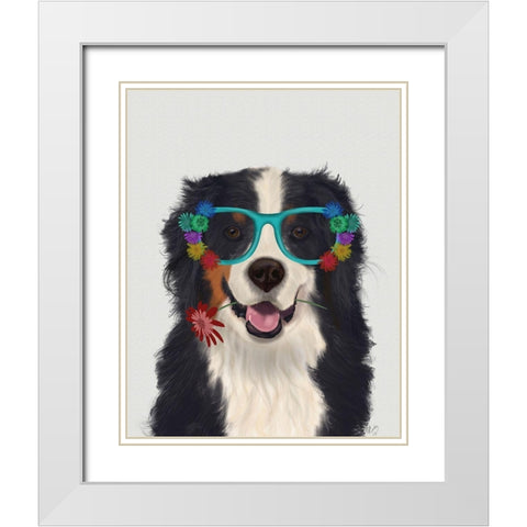 Bernese and Flower Glasses White Modern Wood Framed Art Print with Double Matting by Fab Funky