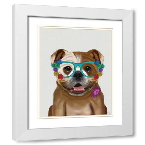 English Bulldog and Flower Glasses White Modern Wood Framed Art Print with Double Matting by Fab Funky