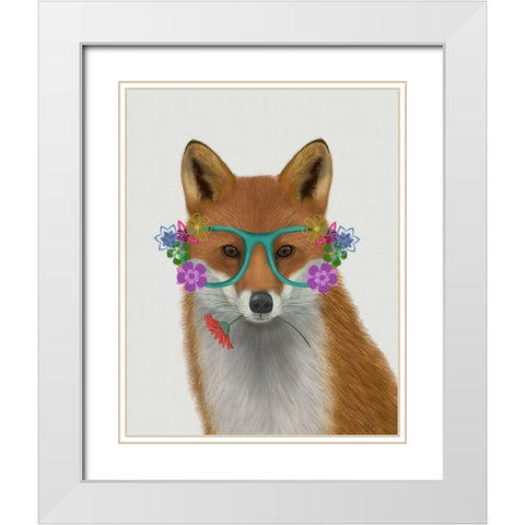 Fox and Flower Glasses White Modern Wood Framed Art Print with Double Matting by Fab Funky