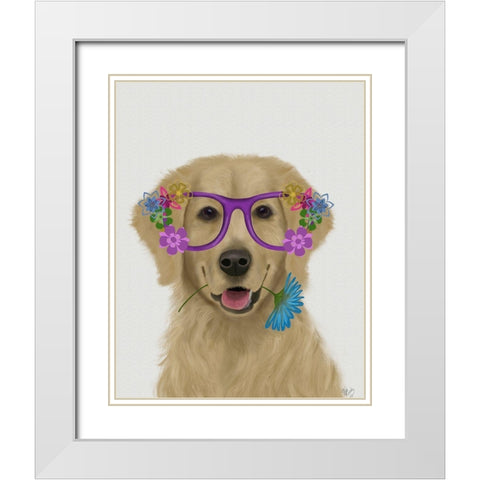 Golden Retriever and Flower Glasses White Modern Wood Framed Art Print with Double Matting by Fab Funky