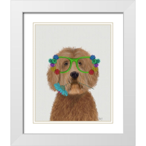 Labradoodle Golden and Flower Glasses White Modern Wood Framed Art Print with Double Matting by Fab Funky