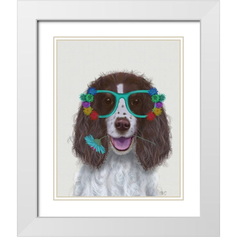 Springer Spaniel and Flower Glasses White Modern Wood Framed Art Print with Double Matting by Fab Funky