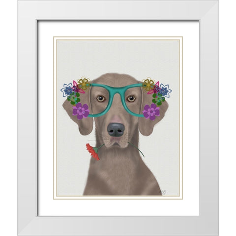 Weimaraner and Flower Glasses White Modern Wood Framed Art Print with Double Matting by Fab Funky