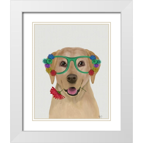 Yellow Labrador and Flower Glasses White Modern Wood Framed Art Print with Double Matting by Fab Funky
