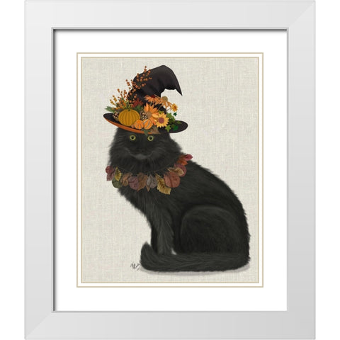 Black Cat with Autumn Hat, Full White Modern Wood Framed Art Print with Double Matting by Fab Funky