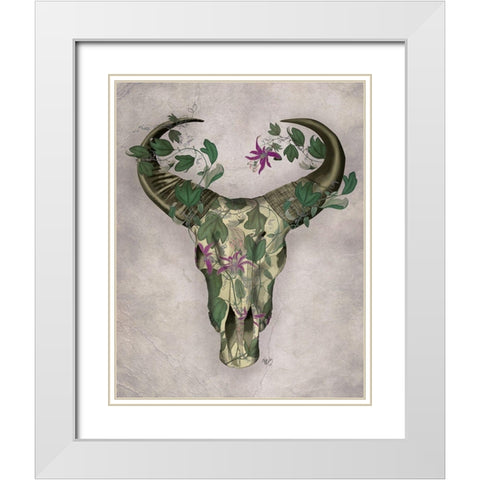 Cow Skull and Passion Flowers White Modern Wood Framed Art Print with Double Matting by Fab Funky