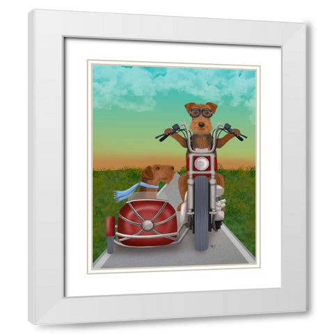Airedale Chopper and Sidecar White Modern Wood Framed Art Print with Double Matting by Fab Funky