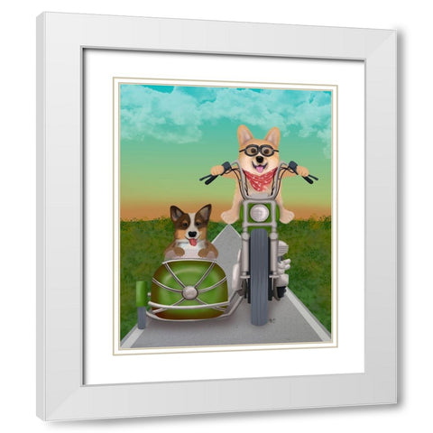 Corgi Chopper and Sidecar White Modern Wood Framed Art Print with Double Matting by Fab Funky
