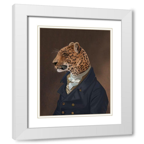 Leopard in Blue Jacket White Modern Wood Framed Art Print with Double Matting by Fab Funky