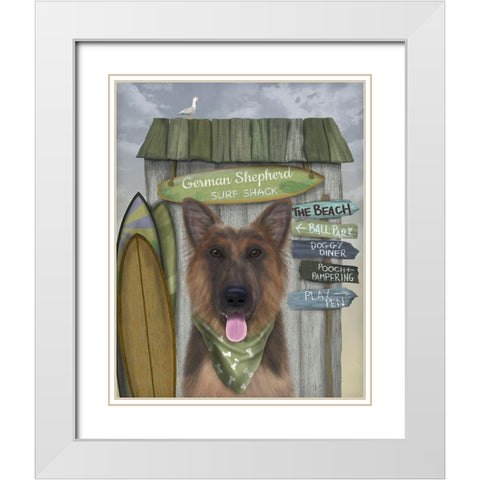 German Shepherd Surf Shack White Modern Wood Framed Art Print with Double Matting by Fab Funky