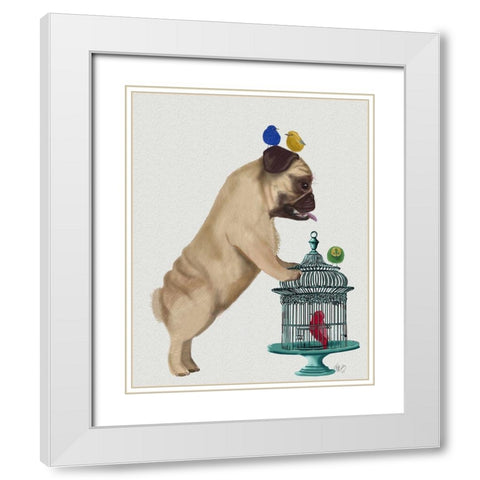 Pug and Birdcage White Modern Wood Framed Art Print with Double Matting by Fab Funky