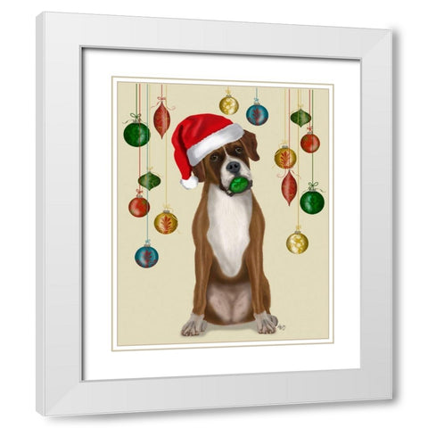 Christmas Boxer and Bauble Ball White Modern Wood Framed Art Print with Double Matting by Fab Funky
