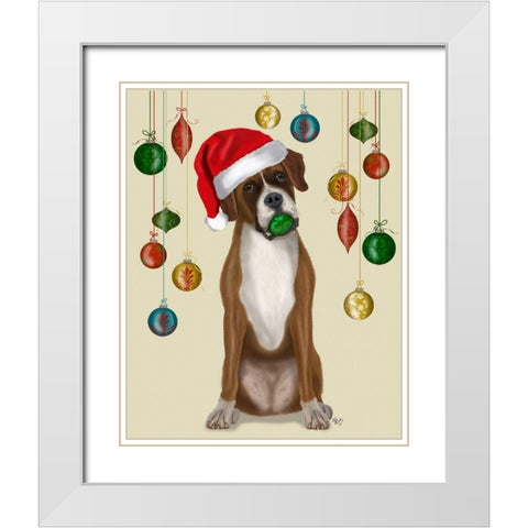 Christmas Boxer and Bauble Ball White Modern Wood Framed Art Print with Double Matting by Fab Funky