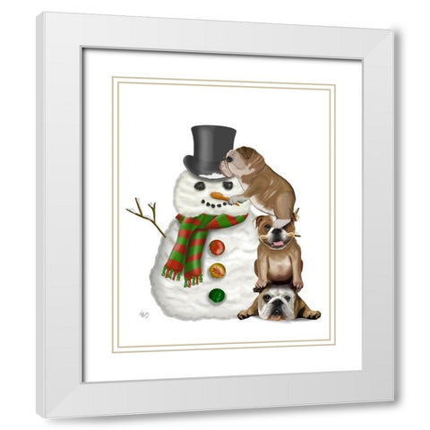 Christmas English Bulldogs Building Snowman White Modern Wood Framed Art Print with Double Matting by Fab Funky