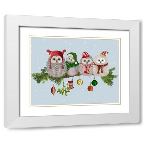 Christmas Fluffy Christmas Owls on Branch White Modern Wood Framed Art Print with Double Matting by Fab Funky