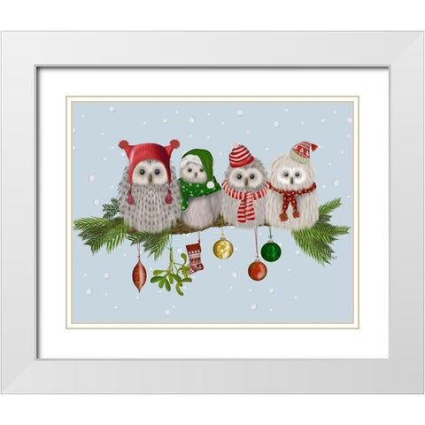 Christmas Fluffy Christmas Owls on Branch White Modern Wood Framed Art Print with Double Matting by Fab Funky