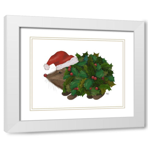 Christmas Holly Hedgehog White Modern Wood Framed Art Print with Double Matting by Fab Funky