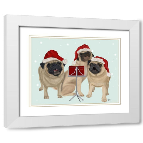 Christmas Pug Trio Carolling White Modern Wood Framed Art Print with Double Matting by Fab Funky