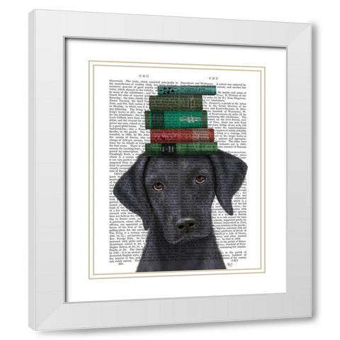 Black Labrador and Books White Modern Wood Framed Art Print with Double Matting by Fab Funky