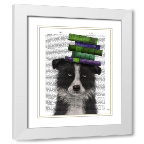 Border Collie, Black and White, and Books White Modern Wood Framed Art Print with Double Matting by Fab Funky