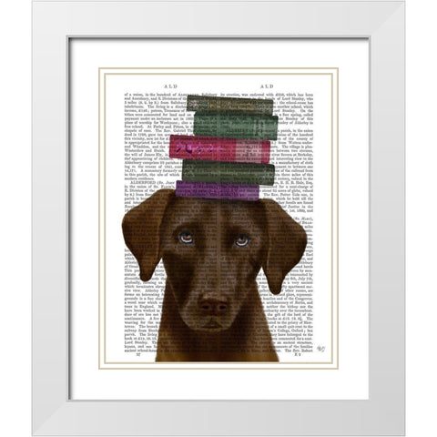 Brown Labrador and Books White Modern Wood Framed Art Print with Double Matting by Fab Funky
