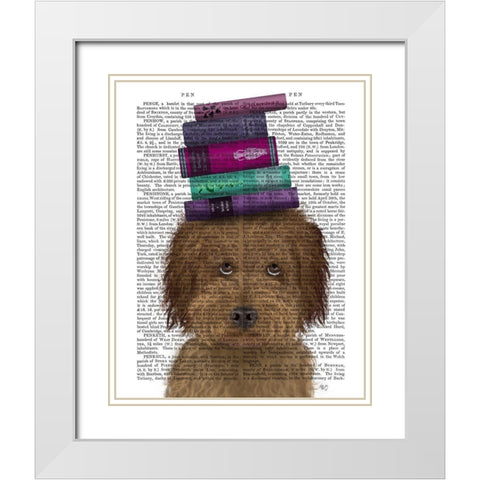 Labradoodle, Brown, and Books White Modern Wood Framed Art Print with Double Matting by Fab Funky